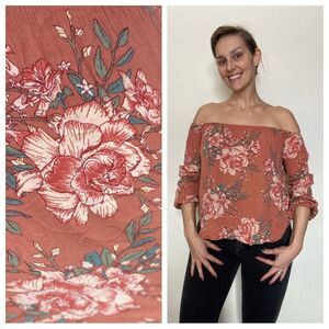 Billabong Floral Top Peach Boho Festival Rayon Shirt Bohemian Feminine
